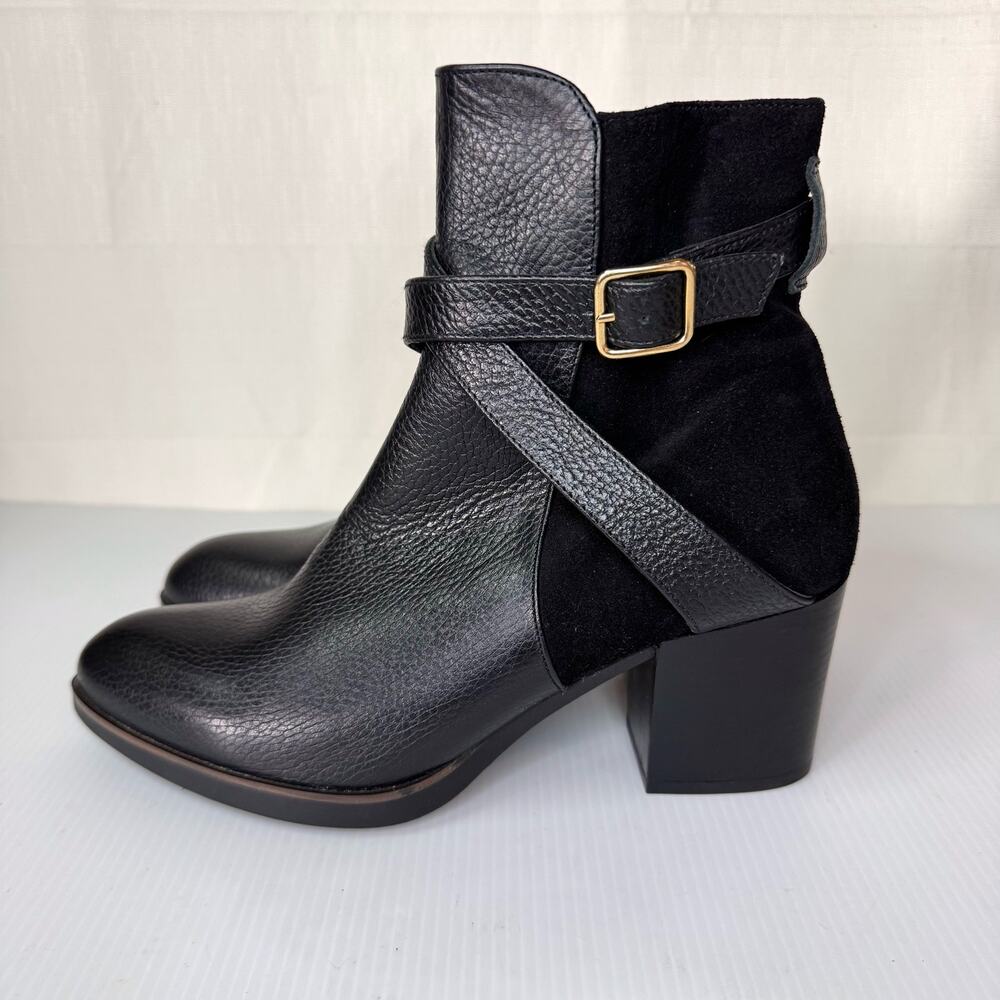 NWOT Eric Michael Boots Womens 8 Black Leather Buckle Strap Moto Handmade Spain